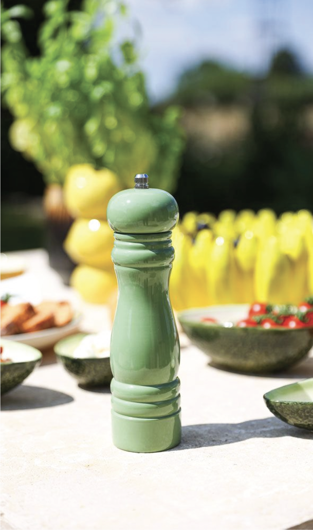 Une table au soleil, citrons et moulin vert
